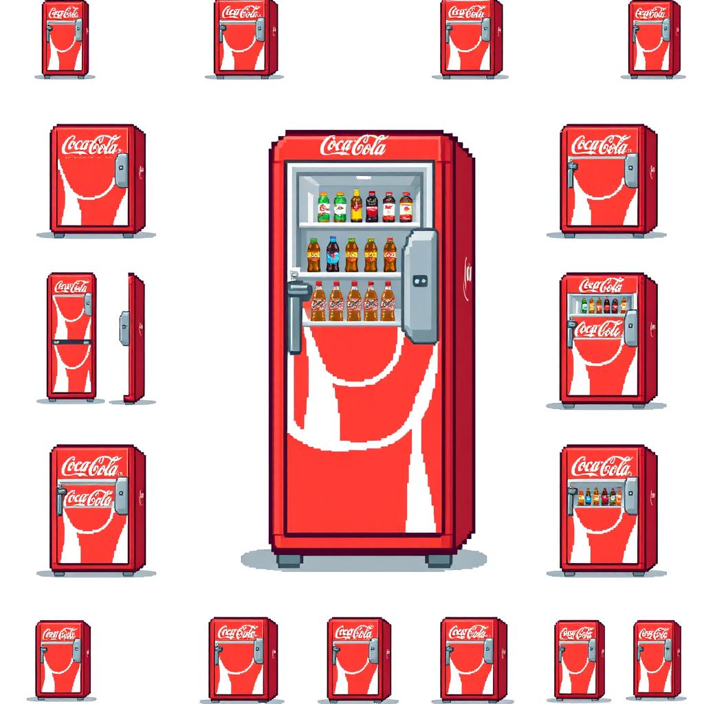 A 16x16 pixel art sprite sheet depicting a Coca-Cola refrigerator viewed from a top-front angle