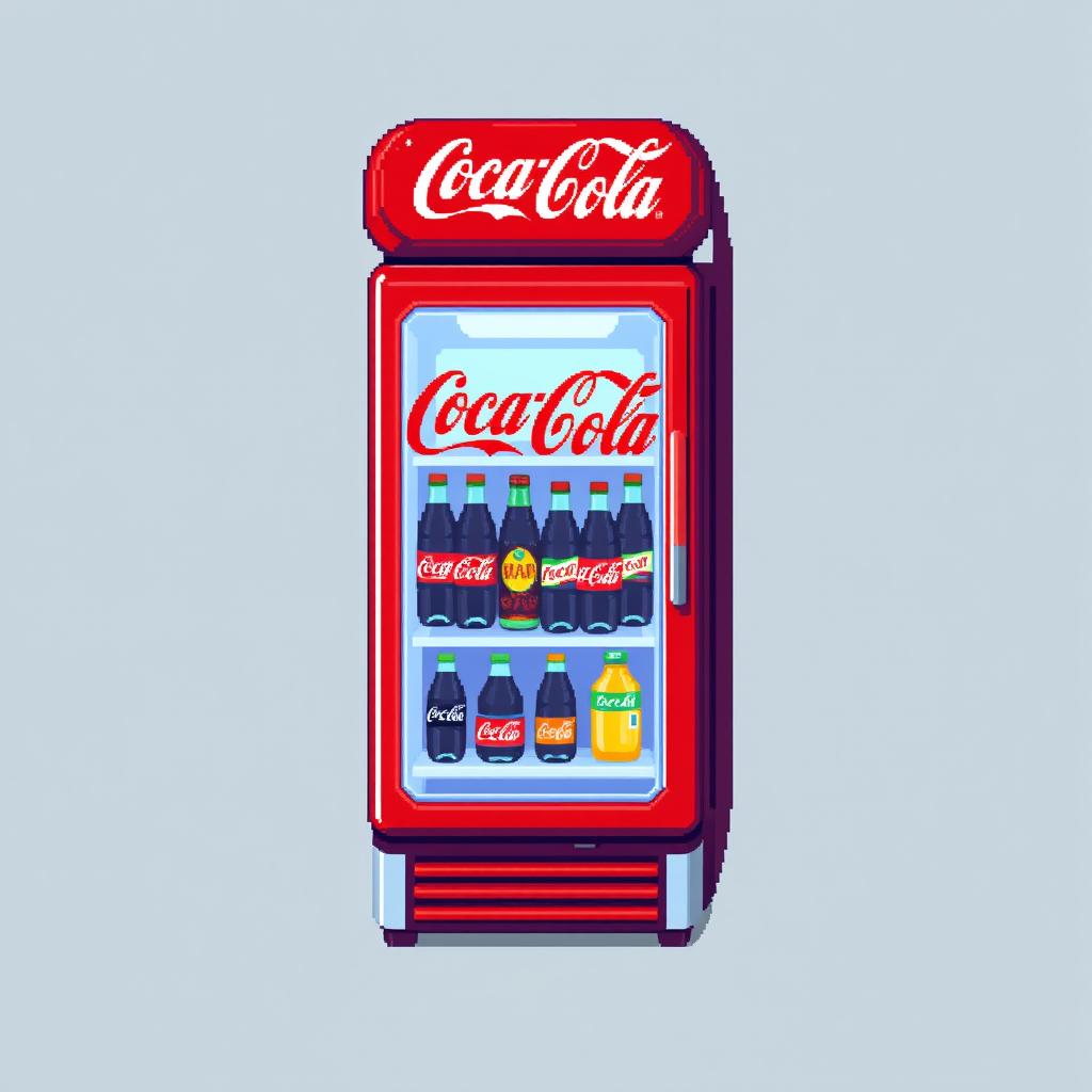 A 16x16 pixel art spritesheet of a Coca-Cola refrigerator, featuring a front view from the top perspective, with vibrant colors and detailed pixelated textures