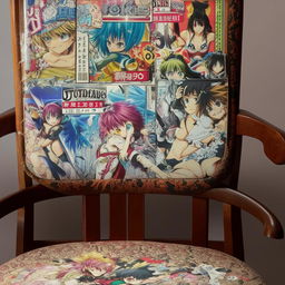 A close up of a vintage chair showcasing a distinct, retro anime album cover resting on its surface.