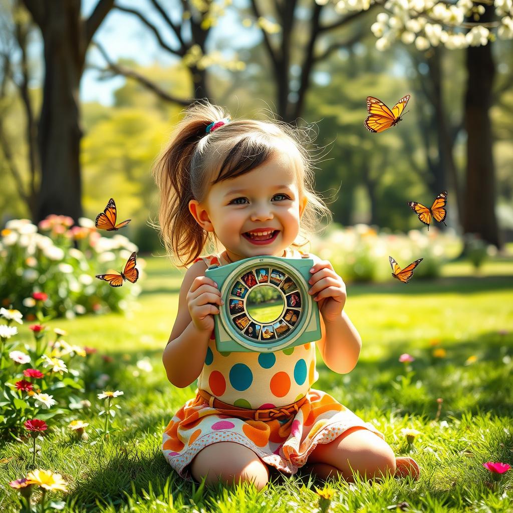 A whimsical scene featuring a young girl joyfully playing with a View-Master toy, surrounded by colorful images emerging from the device
