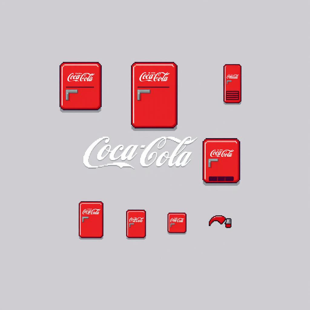 A 16x16 pixel art spritesheet of a Coca-Cola fridge, viewed from the top front perspective