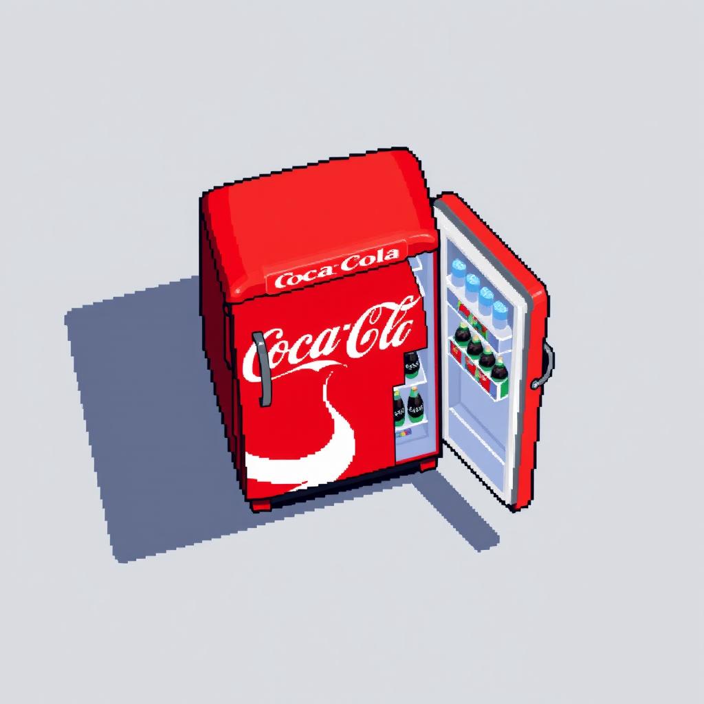 A 16x16 pixel art spritesheet of a Coca-Cola refrigerator, viewed from a top-down perspective