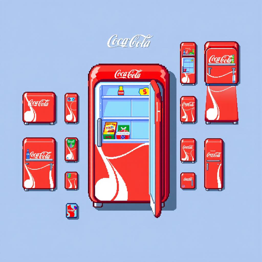 A 16x16 pixel art spritesheet featuring a Coca-Cola refrigerator (nevera cocacola) viewed from a top-down perspective