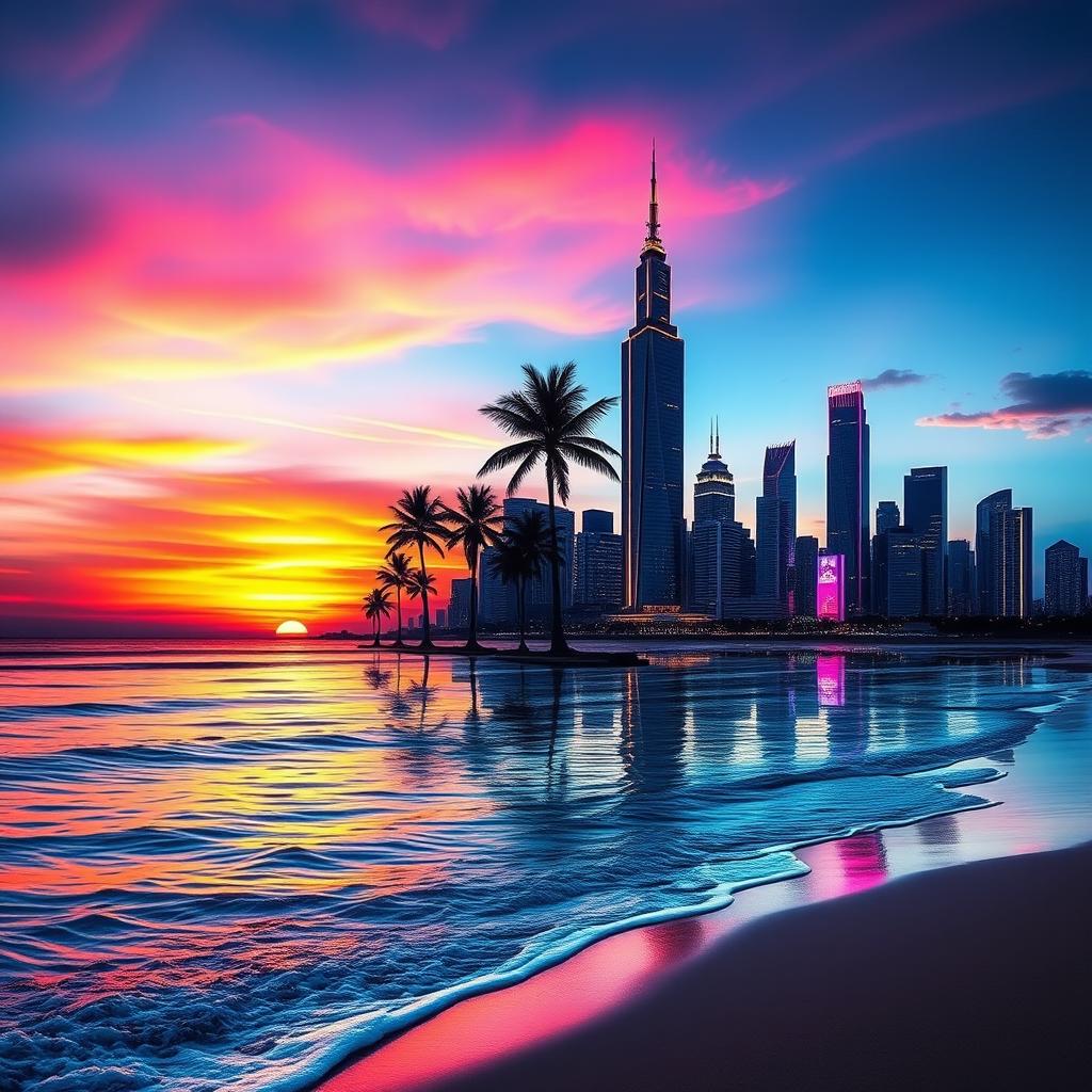 A stunning and intricate digital artwork combining two distinct images: the first is a serene beach sunset with vibrant colors reflecting on calm waves, featuring palm trees silhouetted against the sky; the second is a futuristic city skyline with towering skyscrapers, illuminated by neon lights in a twilight setting