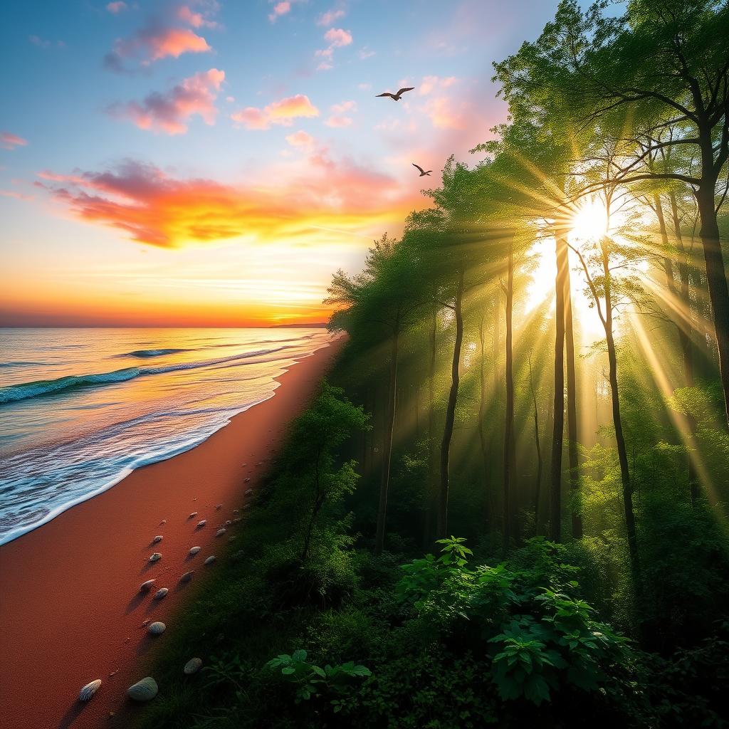 A stunning landscape combining two beautiful scenes: the first is a serene beach at sunset with vibrant orange and pink skies, gentle waves lapping on the shore, and scattered seashells along the sand