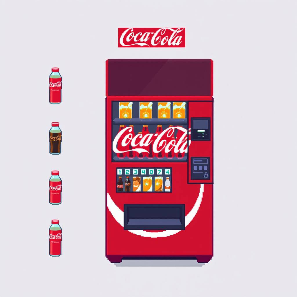 A pixel art spritesheet featuring a Coca-Cola vending machine viewed from a top-down perspective