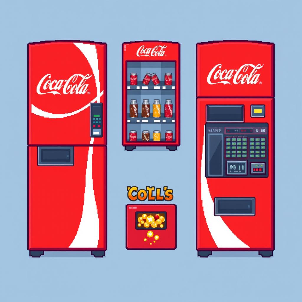 A 16x16 pixel art spritesheet depicting a Coca-Cola vending machine, viewed from the front top perspective