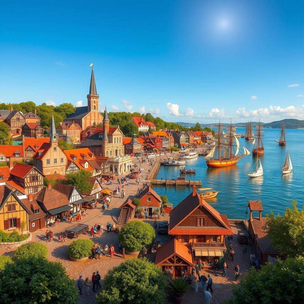 A picturesque 1700s city situated on a serene inlet or bay, showcasing colonial architecture with wooden buildings, vibrant market squares, and quaint cobblestone streets