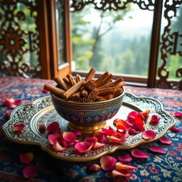 An artistic and high-quality photo of a large, beautifully crafted Mina-kari (Persian enamel) bowl filled with premium, fragrant broken cinnamon sticks