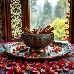 An artistic and high-quality photo of a large, beautifully crafted Mina-kari (Persian enamel) bowl filled with premium, fragrant broken cinnamon sticks