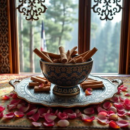 An artistic and high-quality photo of a large, beautifully crafted Mina-kari (Persian enamel) bowl filled with premium, fragrant broken cinnamon sticks