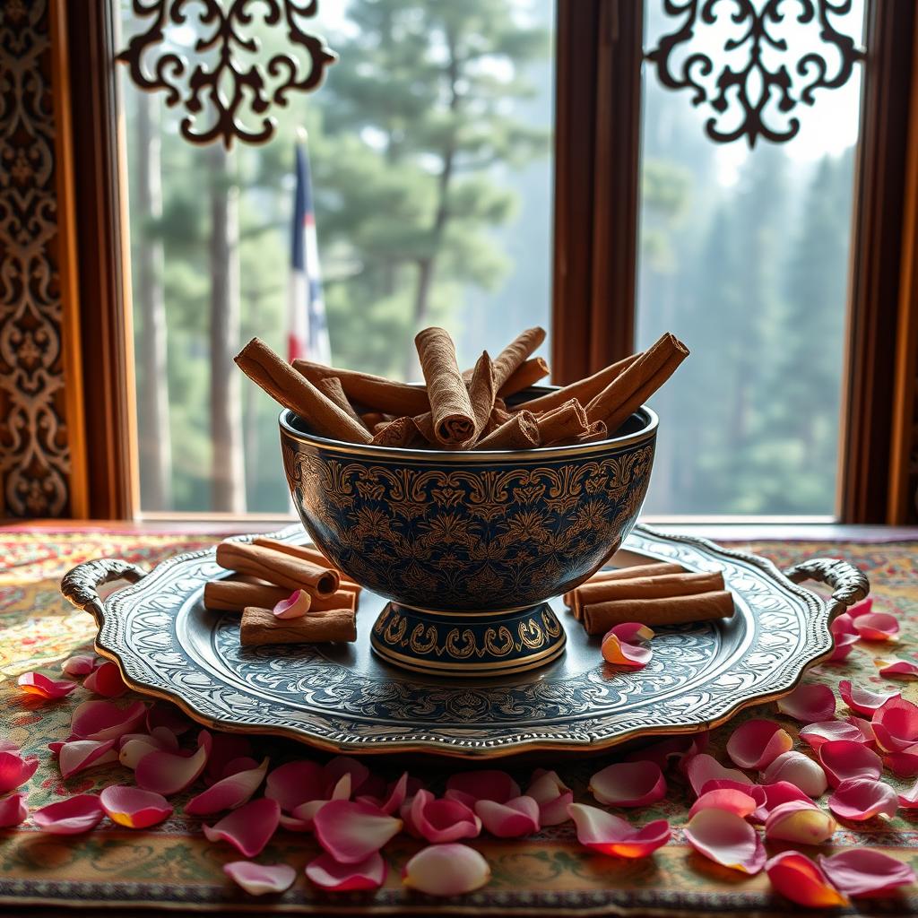 An artistic and high-quality photo of a large, beautifully crafted Mina-kari (Persian enamel) bowl filled with premium, fragrant broken cinnamon sticks