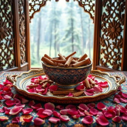 An artistic and high-quality photo of a large, beautifully crafted Mina-kari (Persian enamel) bowl filled with premium, fragrant broken cinnamon sticks