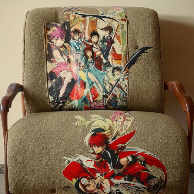 A close up of a vintage chair showcasing a distinct, retro anime album cover resting on its surface.