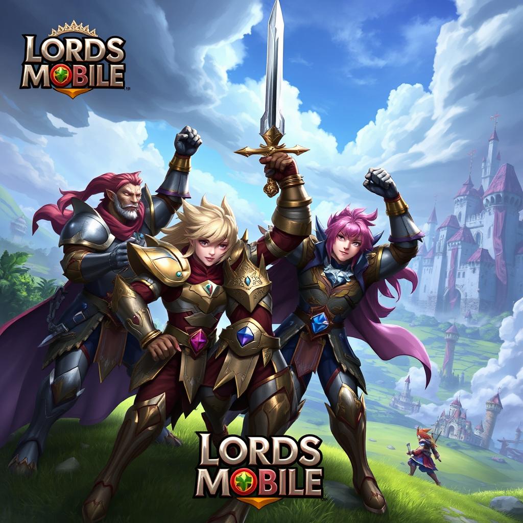 A dynamic scene featuring several heroic characters from the game Lords Mobile, posed together in an epic battle stance