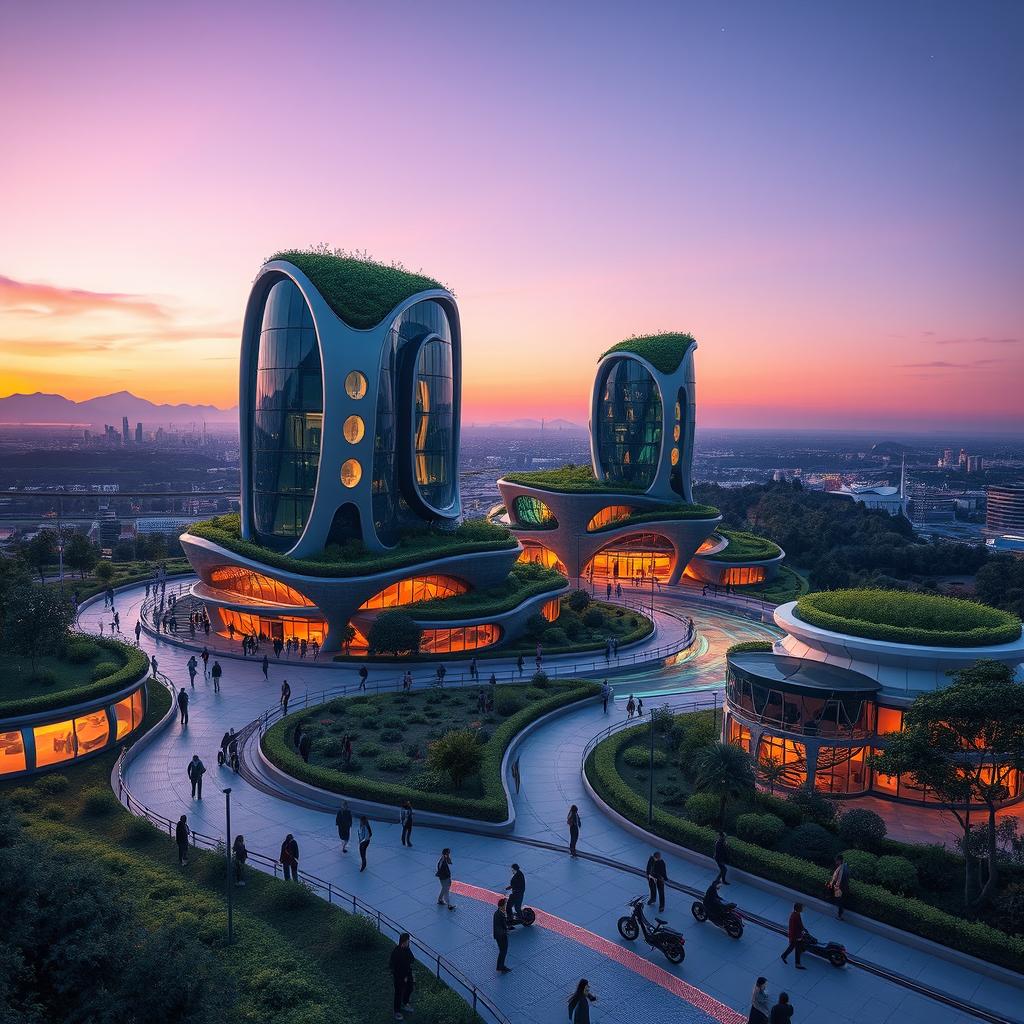 A unique, futuristic cityscape featuring innovative architecture with an organic design that resembles a flowing river, blending harmoniously with nature