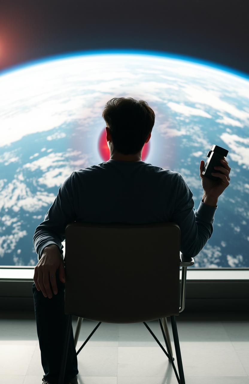 A 30-year-old man with black hair sitting on a chair, holding a small machine in his right hand