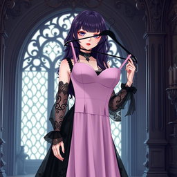 A gothic anime girl with rich dark purple hair, elegantly cascading down her shoulders, stands inside a magnificent gothic mansion