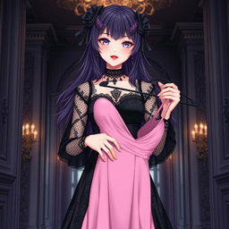 A gothic anime girl with rich dark purple hair, elegantly cascading down her shoulders, stands inside a magnificent gothic mansion