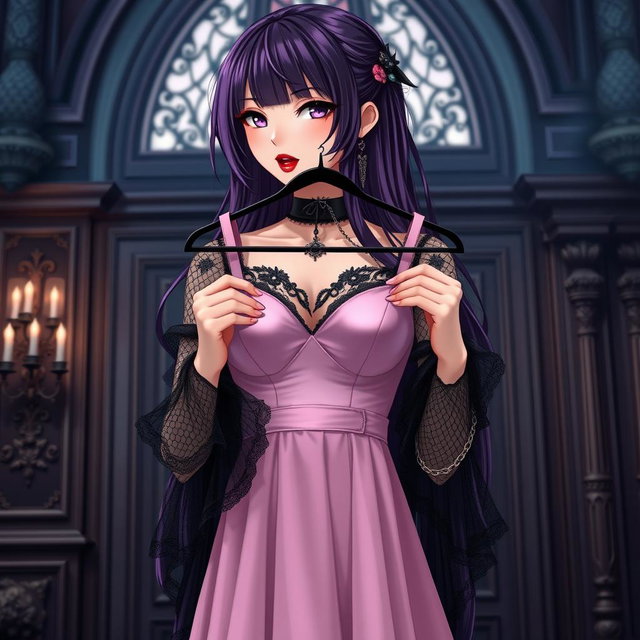 A gothic anime girl with rich dark purple hair, elegantly cascading down her shoulders, stands inside a magnificent gothic mansion