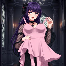 A gothic anime girl with rich dark purple hair, elegantly cascading down her shoulders, stands inside a magnificent gothic mansion