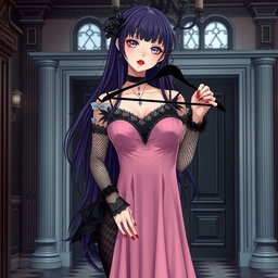A gothic anime girl with long, flowing dark purple hair stands elegantly in a stunning gothic mansion