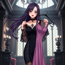 A gothic anime girl with long, flowing dark purple hair stands elegantly in a stunning gothic mansion