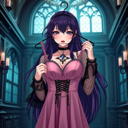 A gothic anime girl with long, flowing dark purple hair stands elegantly in a stunning gothic mansion