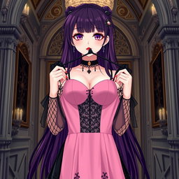 A gothic anime girl with long, flowing dark purple hair stands elegantly in a stunning gothic mansion