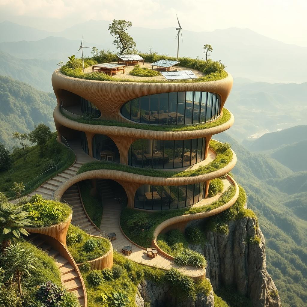 A visionary architectural design for a unique building situated on a hilly landscape