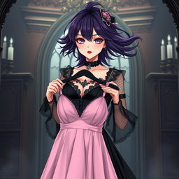 A gothic anime girl with luxurious dark purple hair flowing elegantly around her shoulders stands inside an opulent gothic mansion