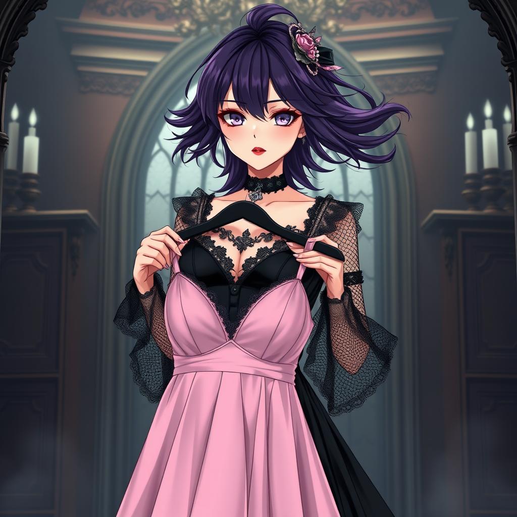 A gothic anime girl with luxurious dark purple hair flowing elegantly around her shoulders stands inside an opulent gothic mansion