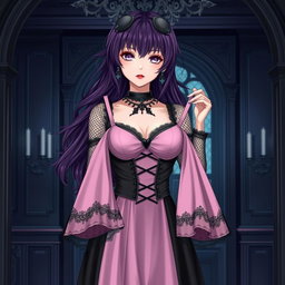 A gothic anime girl with luxurious dark purple hair flowing elegantly around her shoulders stands inside an opulent gothic mansion