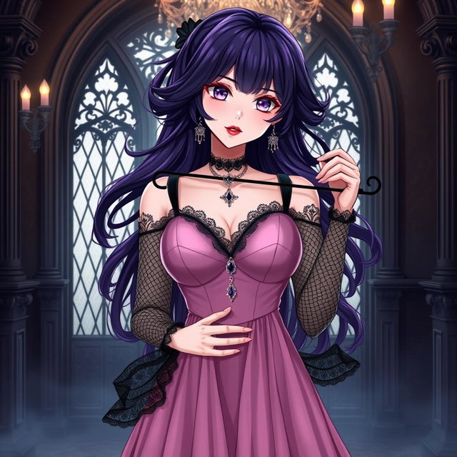 A gothic anime girl with luxurious dark purple hair flowing elegantly around her shoulders stands inside an opulent gothic mansion