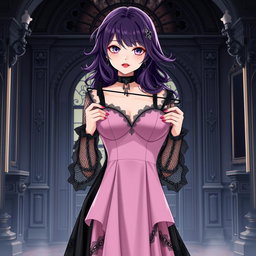 A gothic anime girl with luxurious dark purple hair flowing elegantly around her shoulders stands inside an opulent gothic mansion