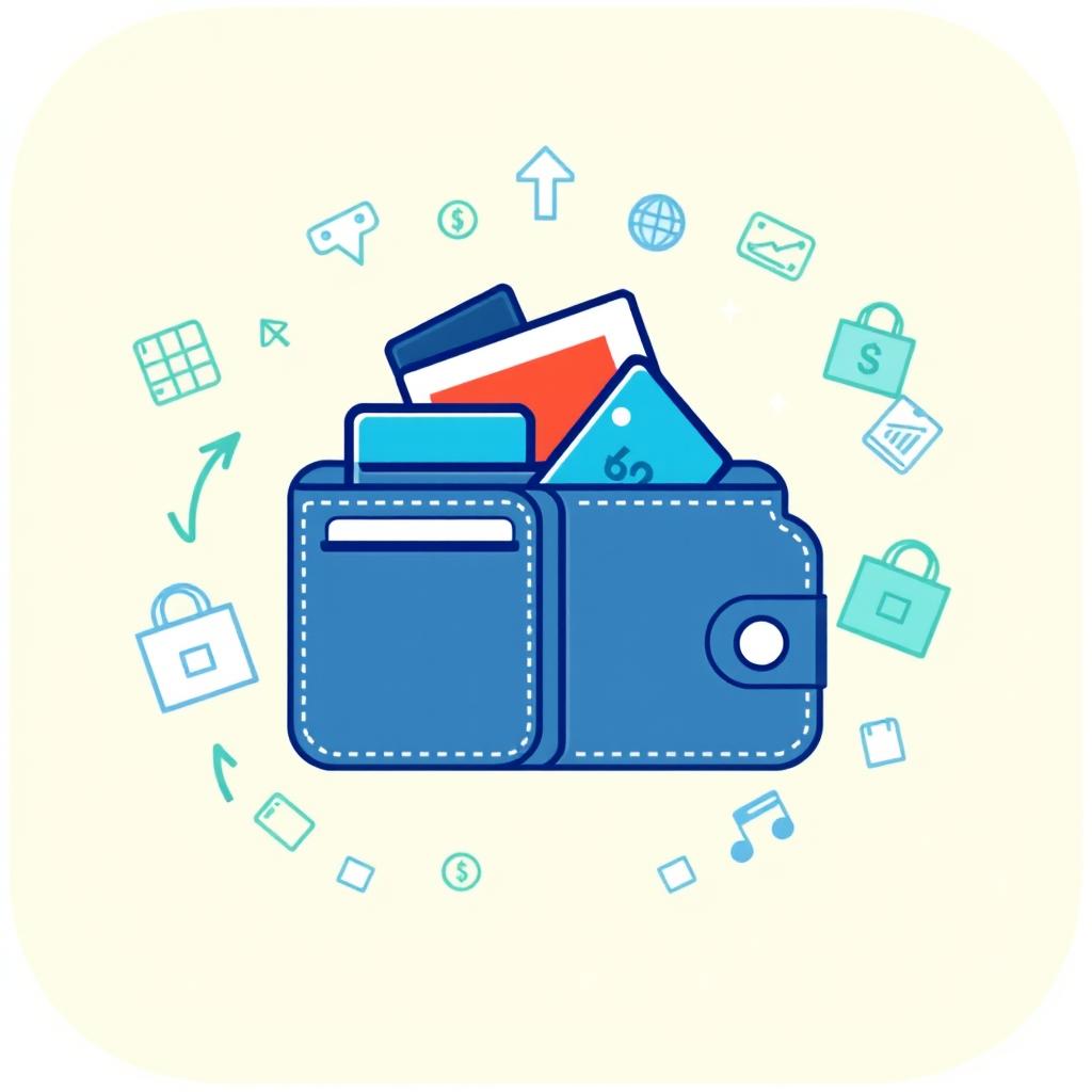 A modern icon representing buy now, pay later users, featuring a stylish wallet filled with credit cards and cash