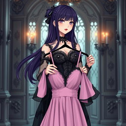 A gothic anime girl with long, flowing dark purple hair stands gracefully in an opulent gothic mansion