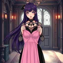 A gothic anime girl with long, flowing dark purple hair stands gracefully in an opulent gothic mansion