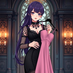 A gothic anime girl with long, flowing dark purple hair stands gracefully in an opulent gothic mansion