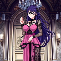 A gothic anime girl with long, flowing dark purple hair stands gracefully in an opulent gothic mansion