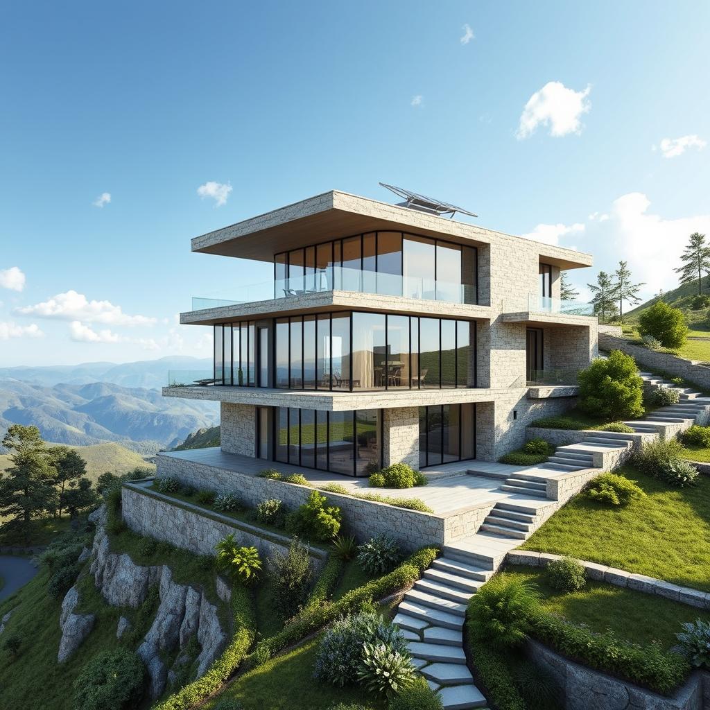 A stunning architectural concept for a unique RCC building situated in picturesque hill tracks, featuring a modern design that harmonizes with the surrounding natural landscape