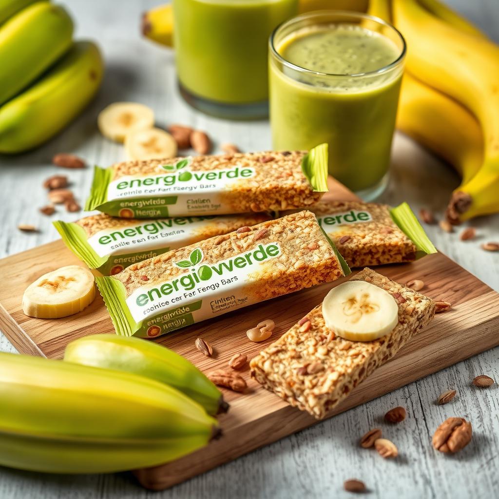 A vibrant and appetizing image of Energiverde energy bars made from green bananas, showcasing their natural color and texture