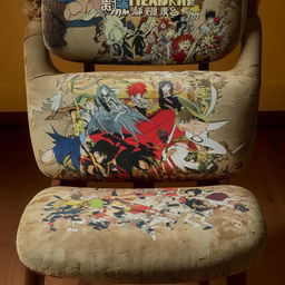 A close up of a vintage chair showcasing a distinct, retro anime album cover resting on its surface.