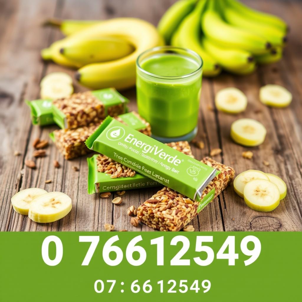A vibrant and appealing image of Energiverde energy bars made from green bananas, emphasizing their healthy and energizing qualities