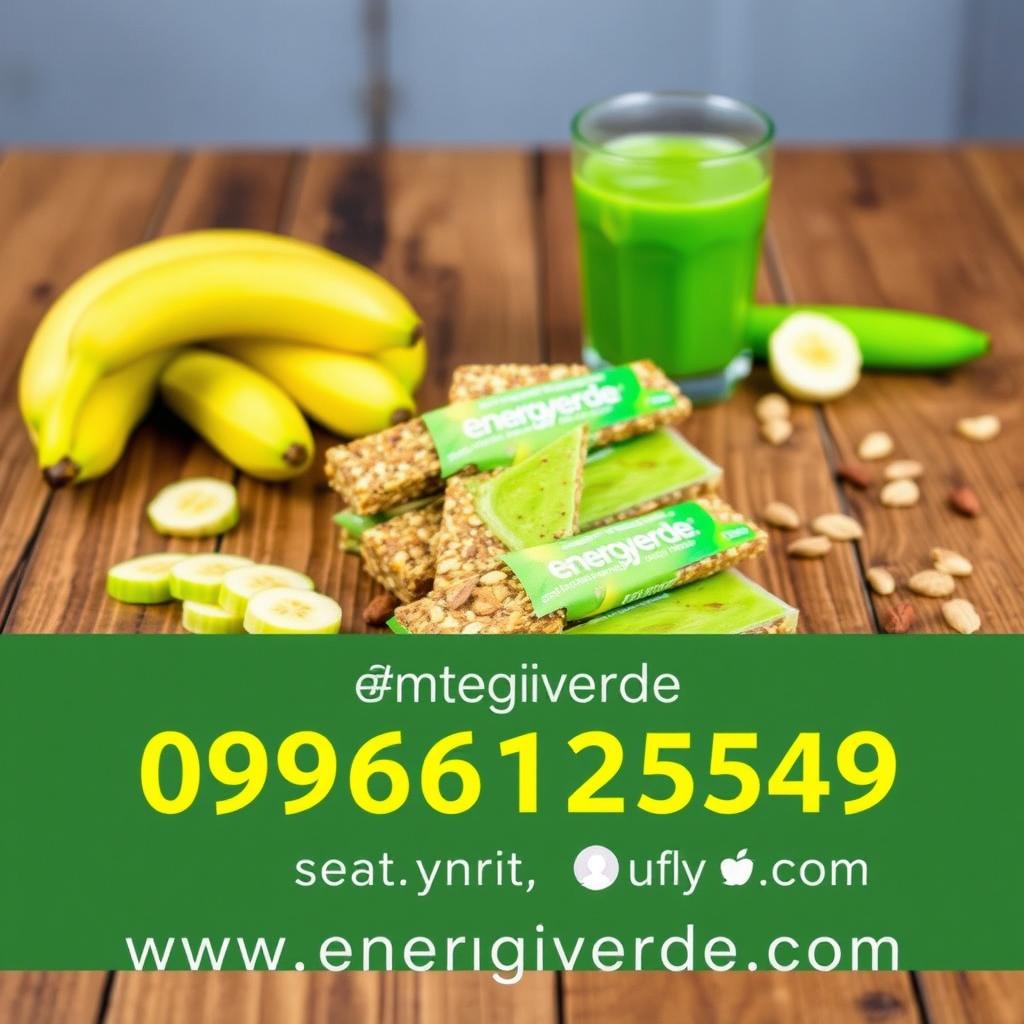 An inviting and colorful image of Energiverde energy bars made from green bananas, creatively presented on a beautiful wooden table