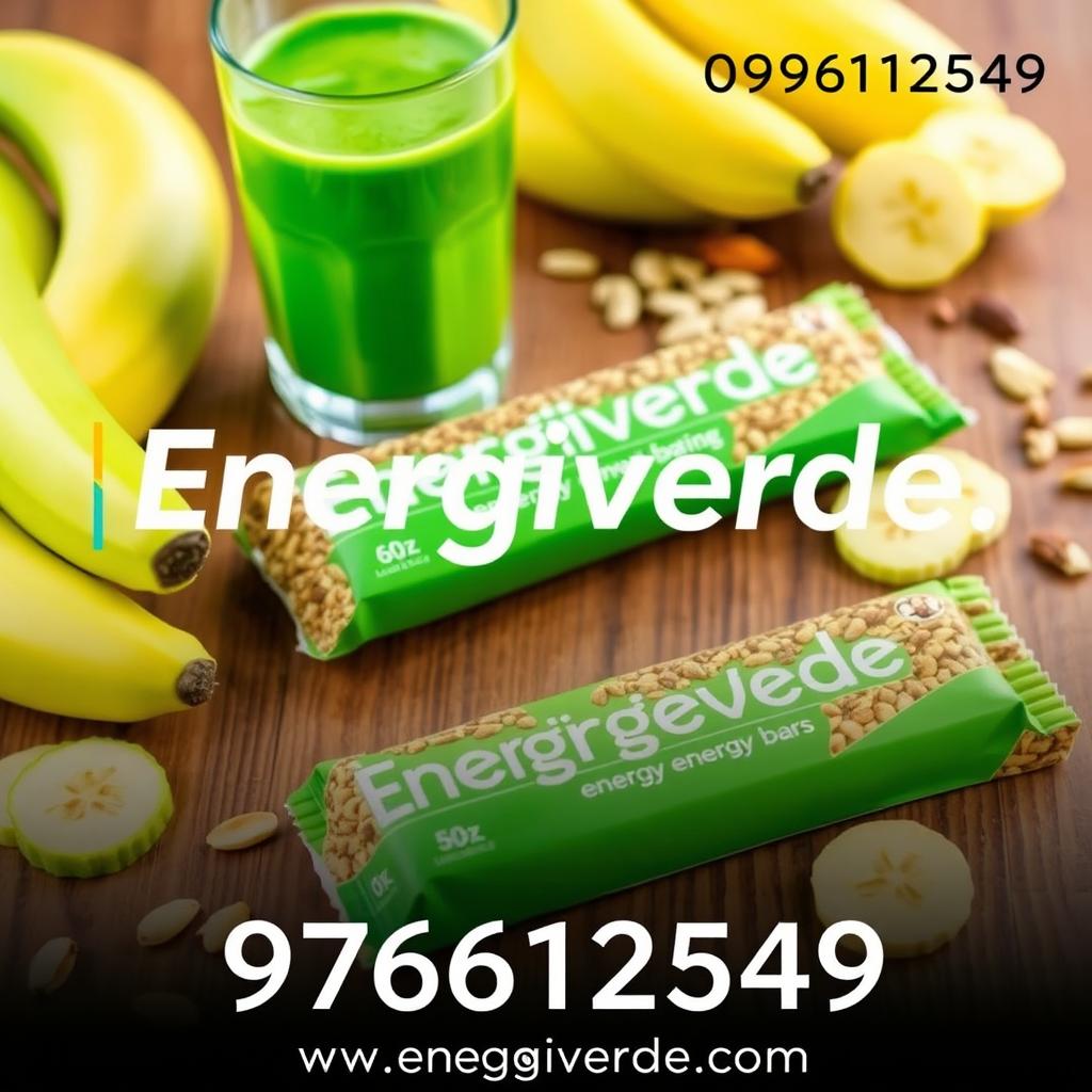 A vibrant, appealing display of Energiverde energy bars made from green bananas, skillfully arranged on a wooden table