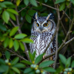 A majestic Bran owl perched gracefully among branches, showcasing its distinctive tufted features, wide eyes, and intricate feather patterns