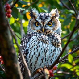 A majestic Bran owl perched gracefully among branches, showcasing its distinctive tufted features, wide eyes, and intricate feather patterns