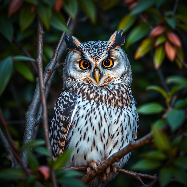 A majestic Bran owl perched gracefully among branches, showcasing its distinctive tufted features, wide eyes, and intricate feather patterns