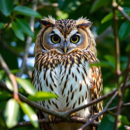 A majestic Bran owl perched gracefully among branches, showcasing its distinctive tufted features, wide eyes, and intricate feather patterns